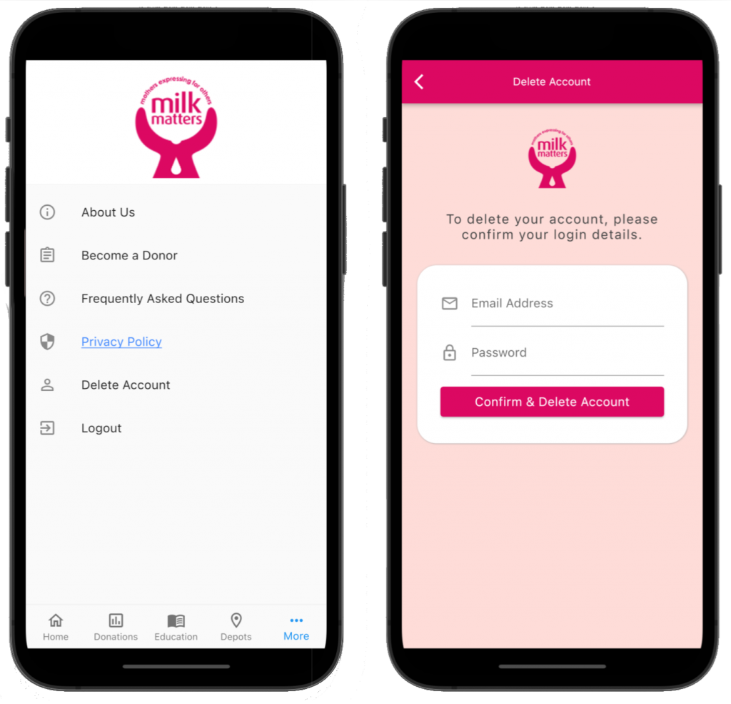 Milk Matters Donor App - Account Deletion Steps